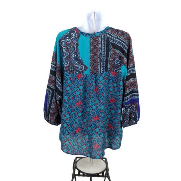 Figueroa & Flower Boho Patchwork Print 3/4 Sleeve Popover Blouse Womens Large - Picture 6 of 15